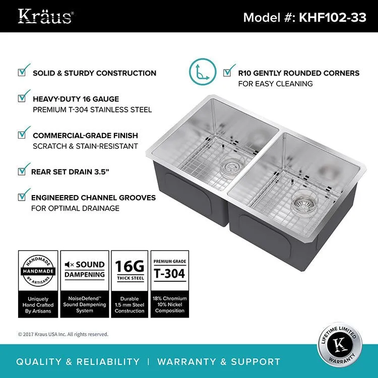 33" 50/50 Double Bowl Stainless Steel Undermount Kitchen Sink with NoiseDefend