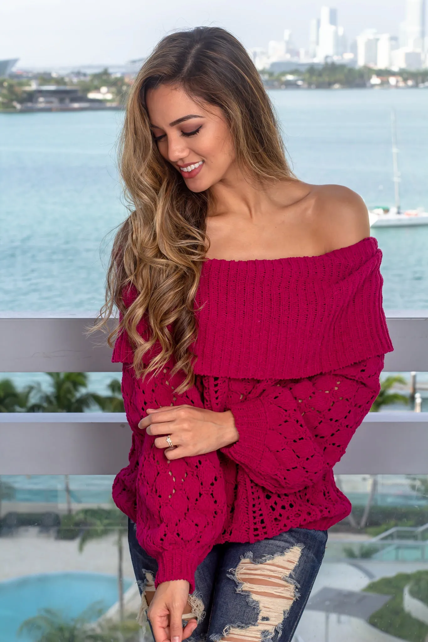 Berry Off Shoulder Crochet Sweater