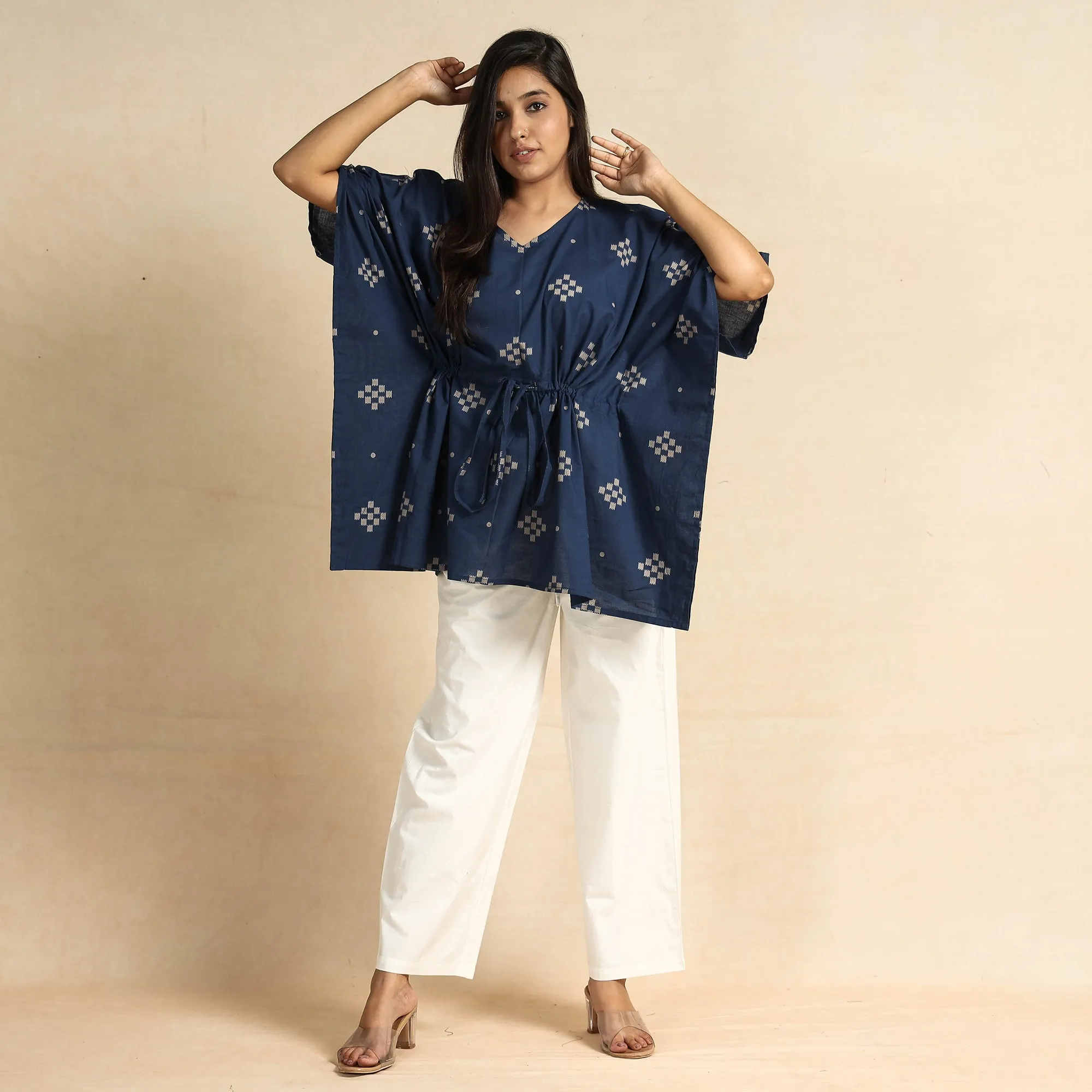 Blue - Hand Printed Cotton Kaftan & Pyjama Night Suit Set