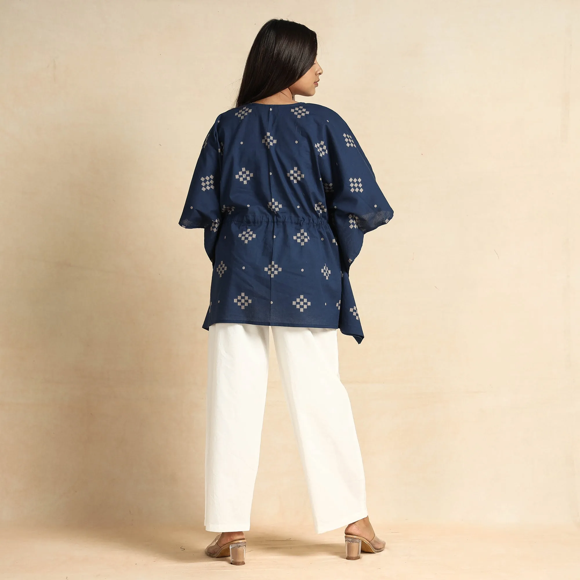 Blue - Hand Printed Cotton Kaftan & Pyjama Night Suit Set