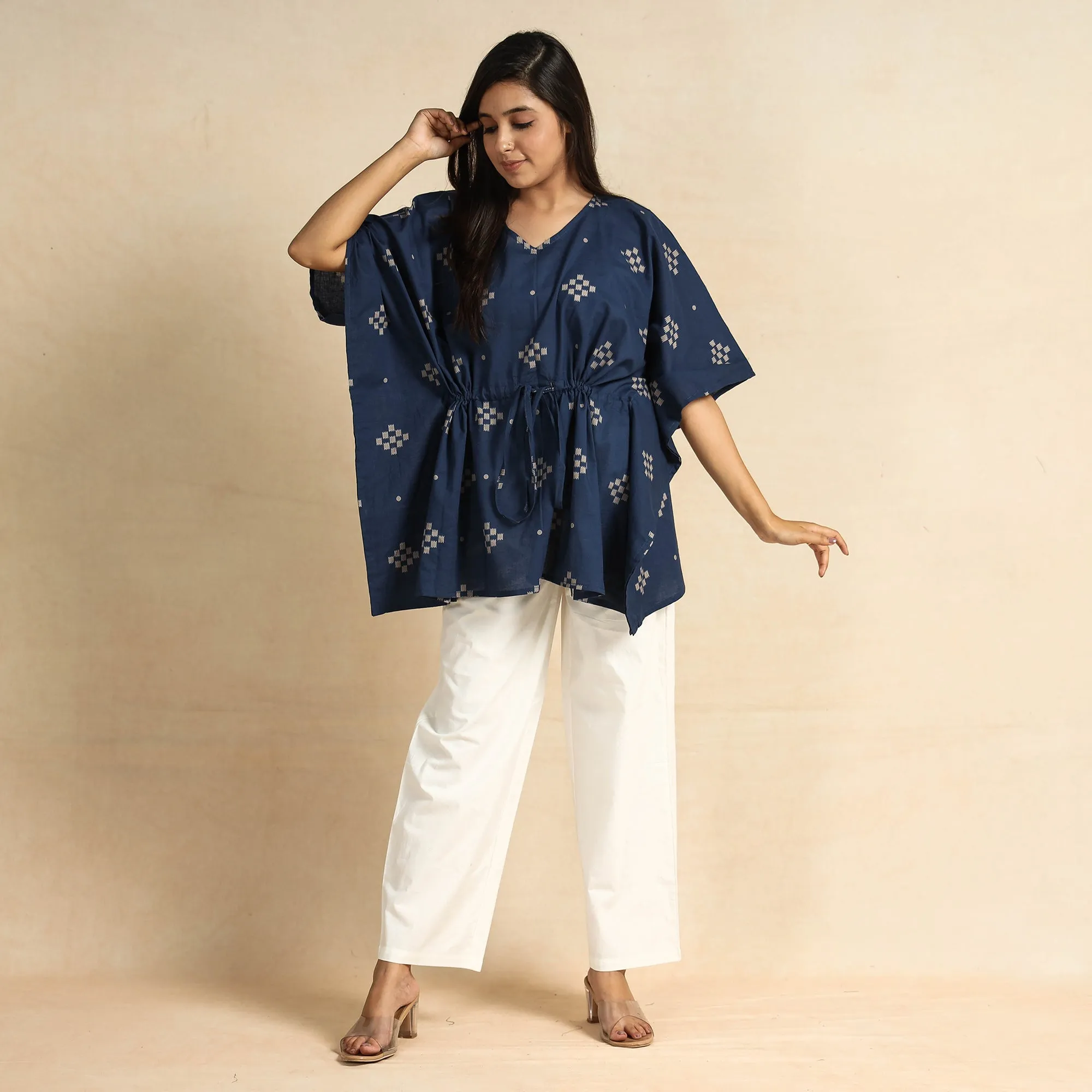 Blue - Hand Printed Cotton Kaftan & Pyjama Night Suit Set