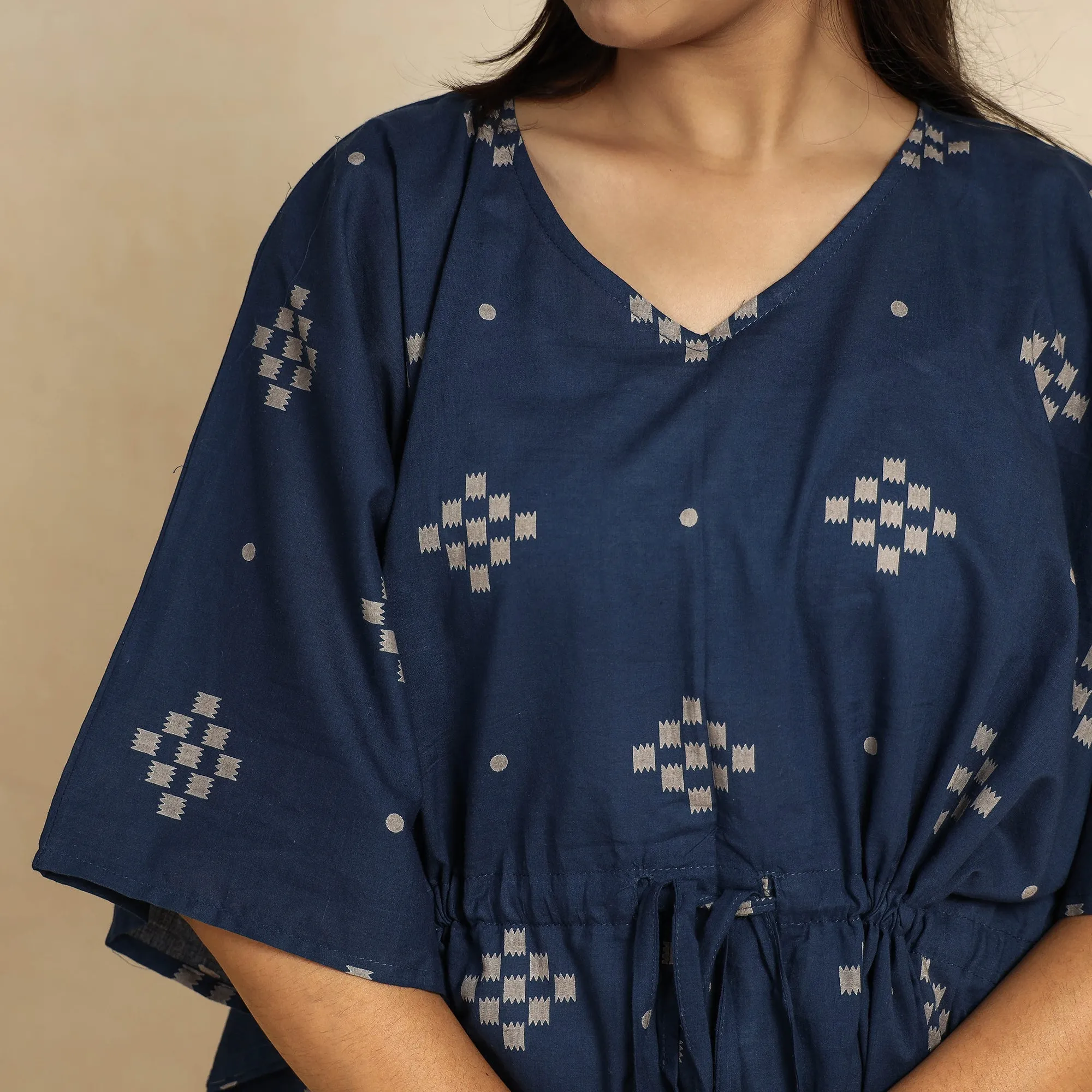 Blue - Hand Printed Cotton Kaftan & Pyjama Night Suit Set