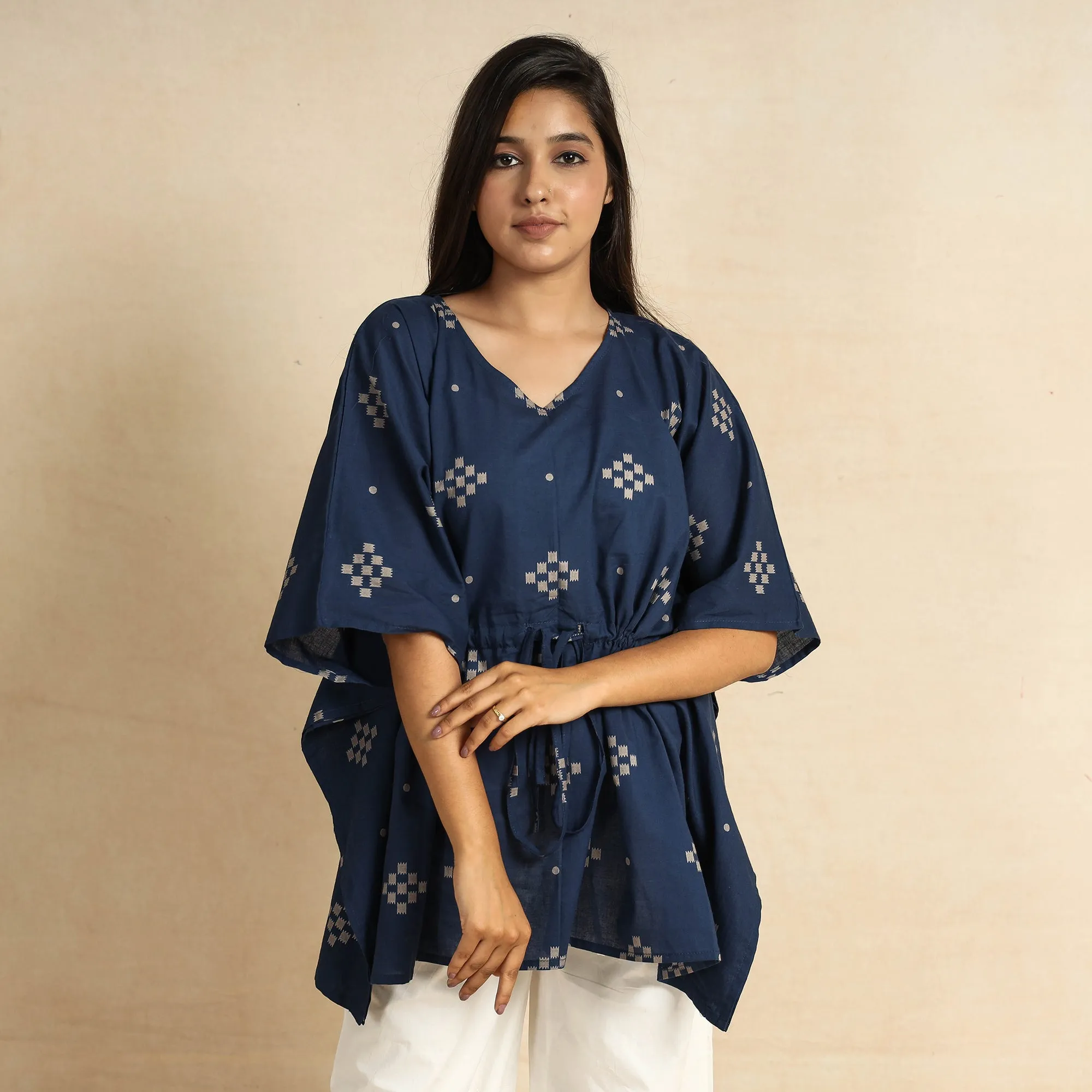 Blue - Hand Printed Cotton Kaftan & Pyjama Night Suit Set