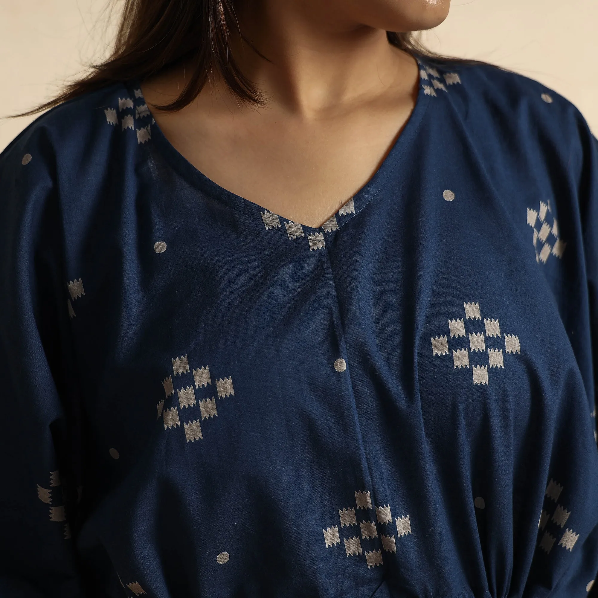 Blue - Hand Printed Cotton Kaftan & Pyjama Night Suit Set