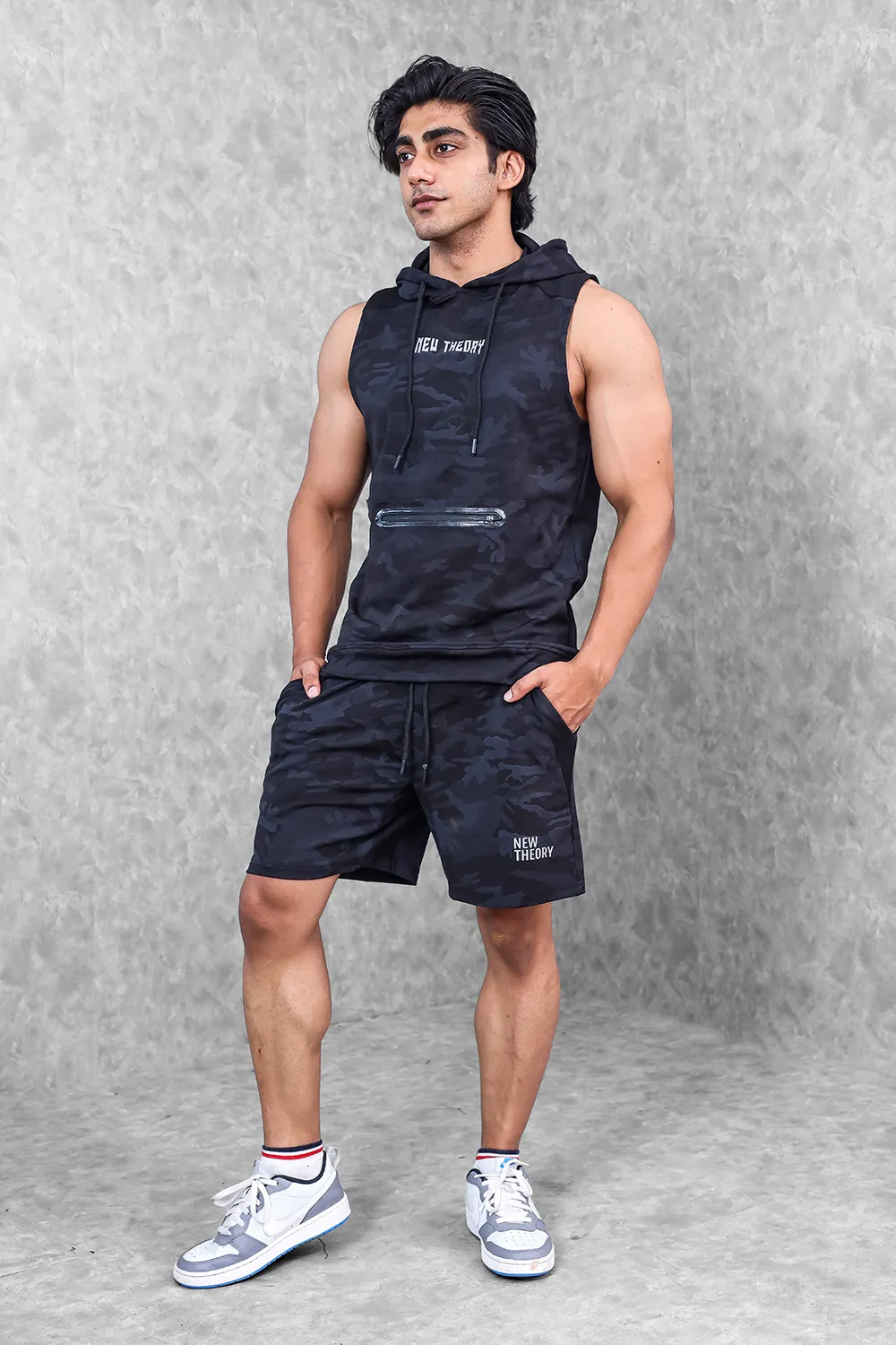 Camo Sleeveless Hoodie- Black