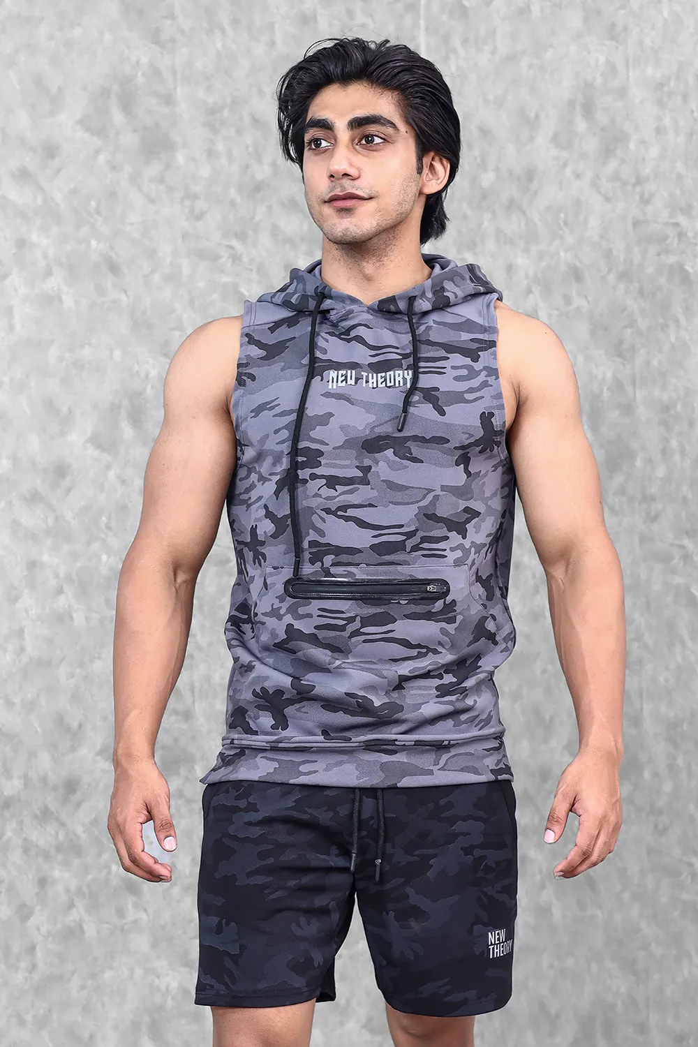 Camo Sleeveless Hoodie- Grey