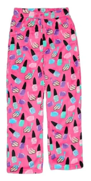 Candy Pink Girls Fleece Nail Polish Pattern Pajama Bottoms