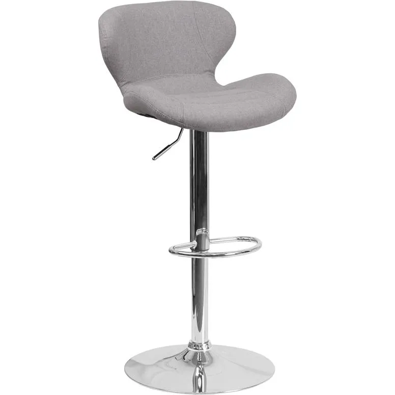 Contemporary Gray Fabric Adjustable Height Barstool With Curved Back And Chrome Base By Flash Furniture