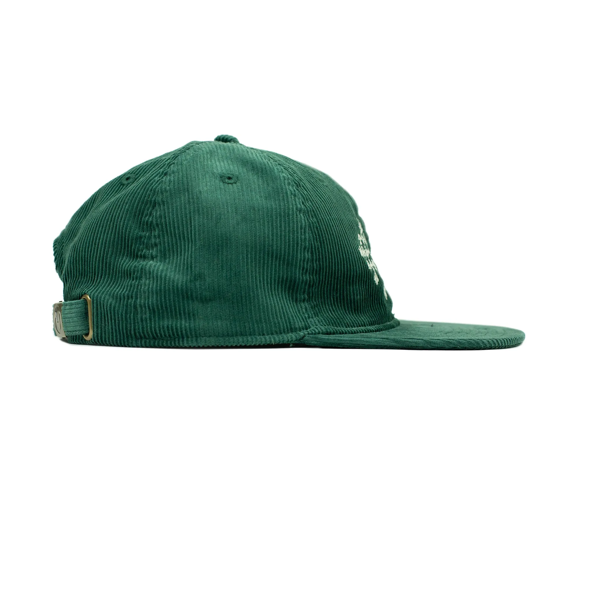 Corduroy cap in green with racing flag chainstitched embroidery