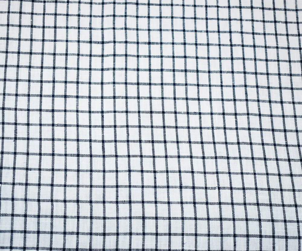 Deep Blue-White Moygashel Washed Grid Check Irish Linen Woven Fabric