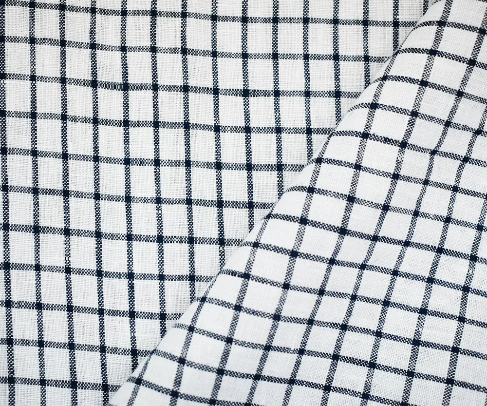 Deep Blue-White Moygashel Washed Grid Check Irish Linen Woven Fabric