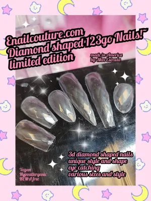 Diamond 123go nails (3D Diamond Shaped Nail, Extension Clear Full Cover False Nail Tips, Hybrid Gel Acrylic Nail, Diamond Fake Nails)