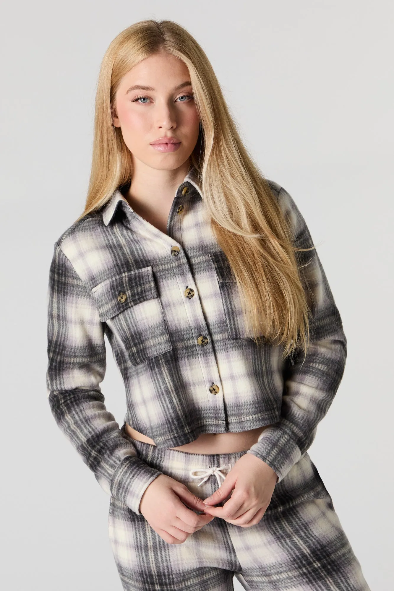 Fleece Cropped Button-Up Top