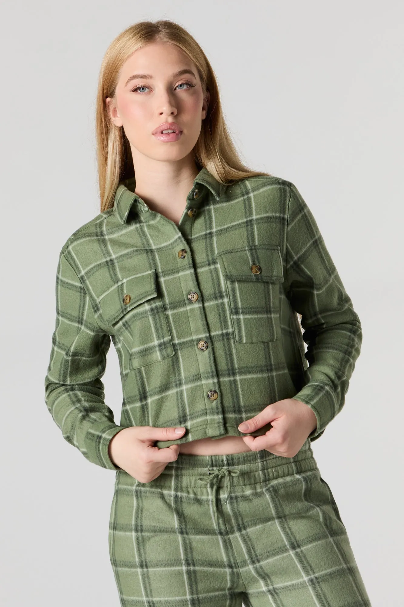 Fleece Cropped Button-Up Top