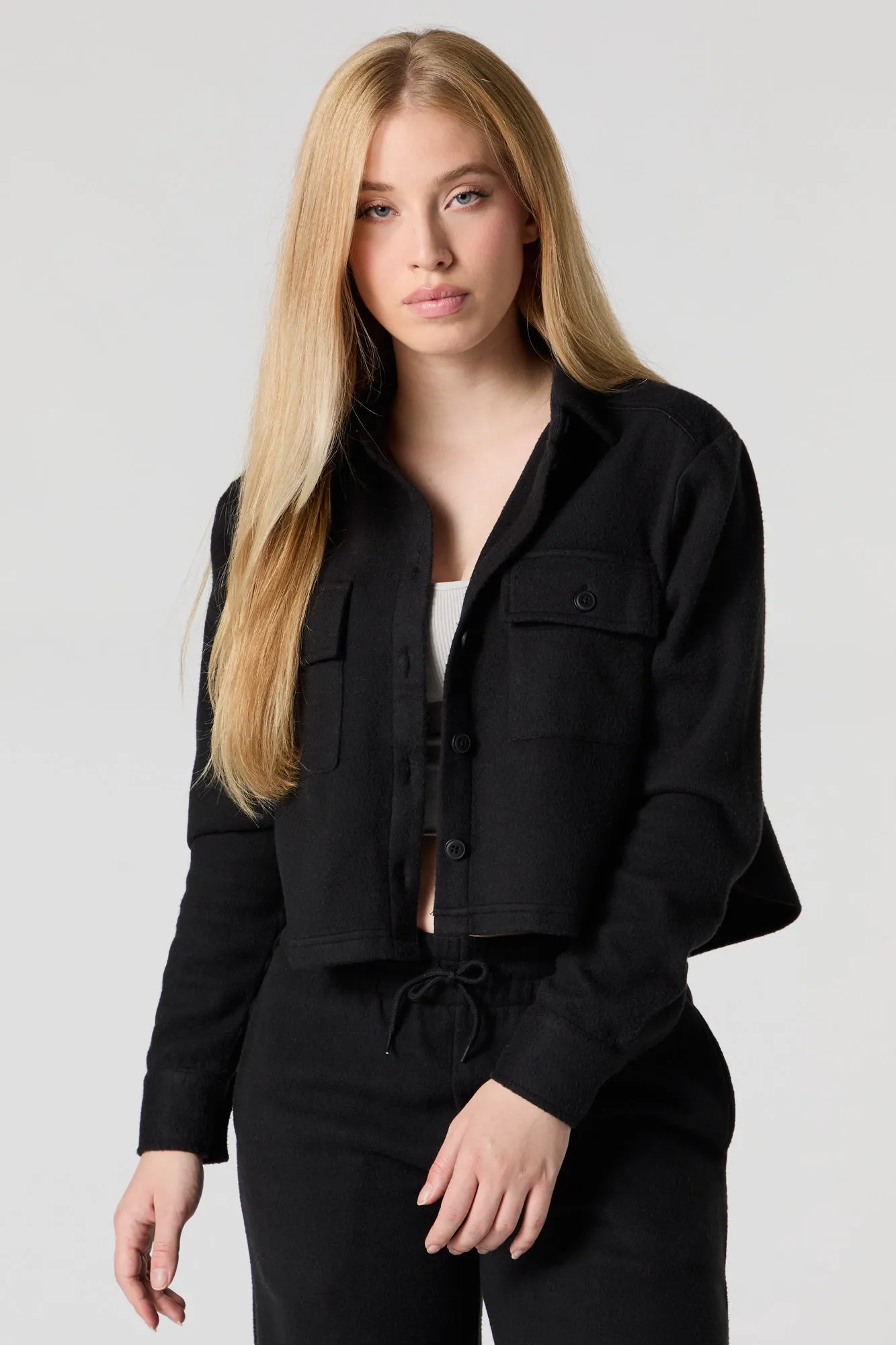 Fleece Cropped Button-Up Top