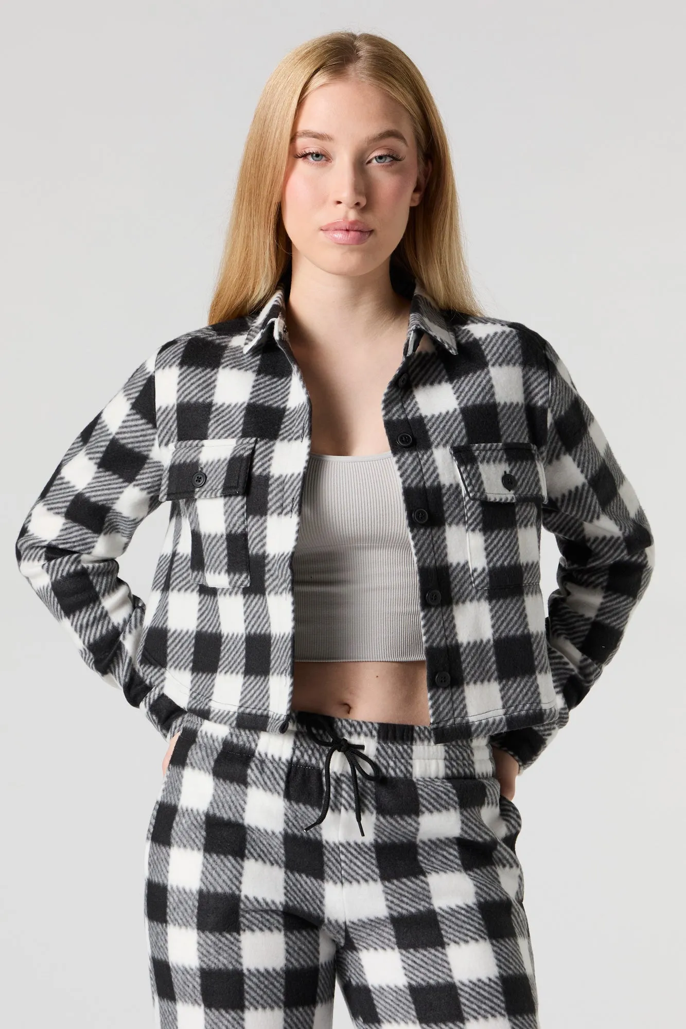 Fleece Cropped Button-Up Top