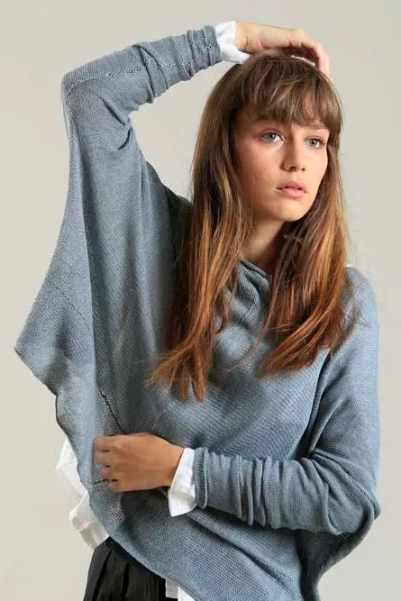 Fog Dusty Powder Blue boat neck Oversize knitted shirt with Long Sleeves