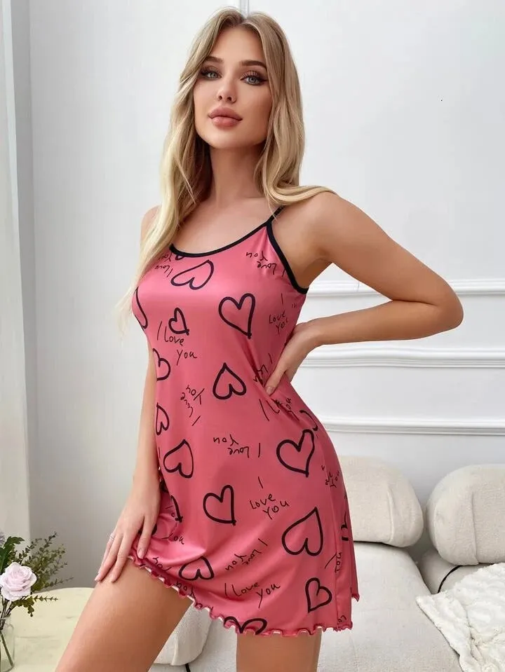 Heart & Letter Graphic Lettuce Trim Contrast Binding Cami Nighty