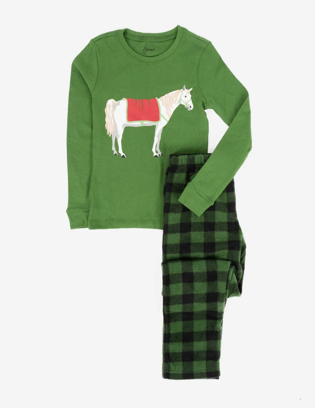 Kids Cotton Top & Fleece Pants Green Horse Pajamas