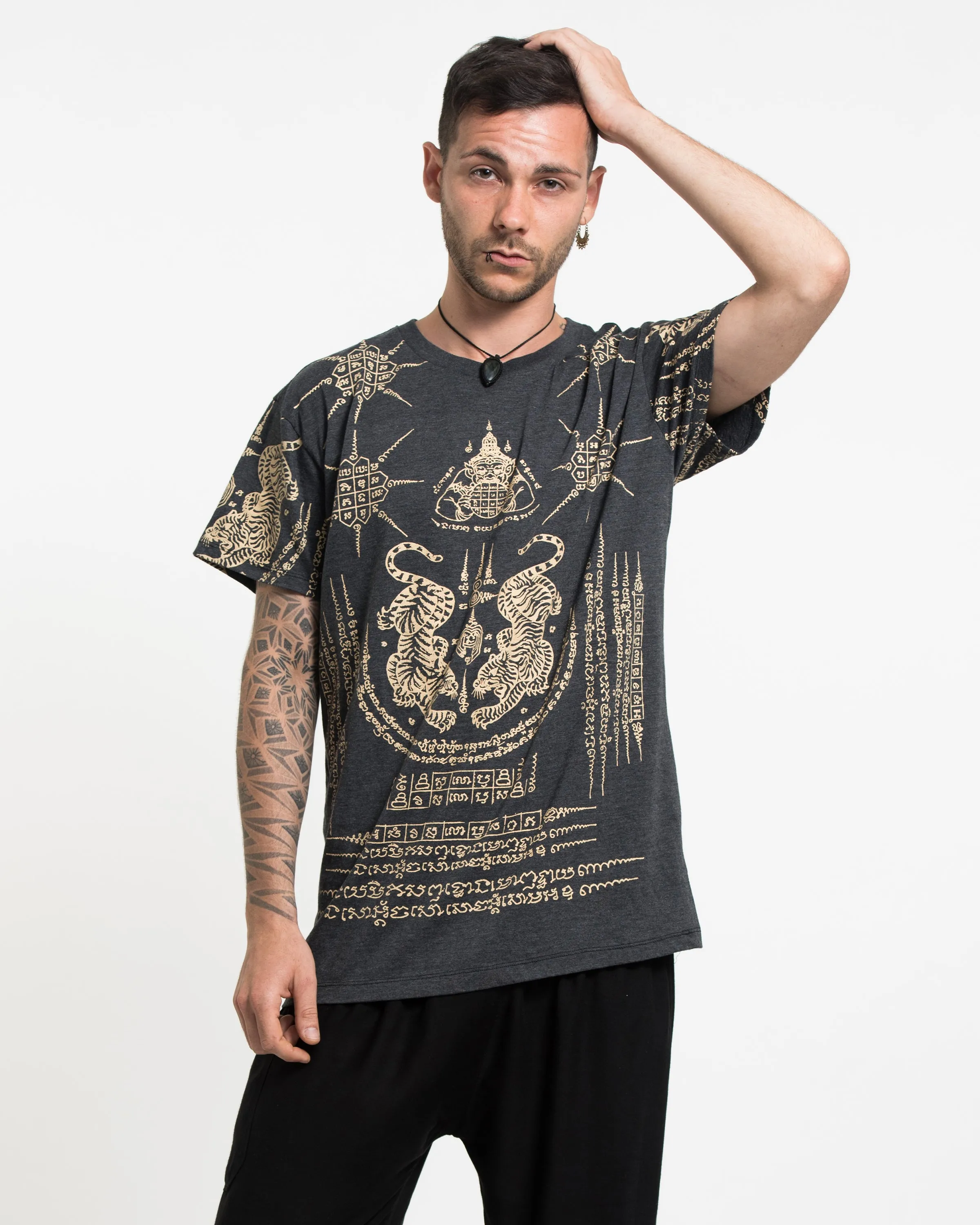 Mens Twin Tigers Tattoo T-Shirt in Black