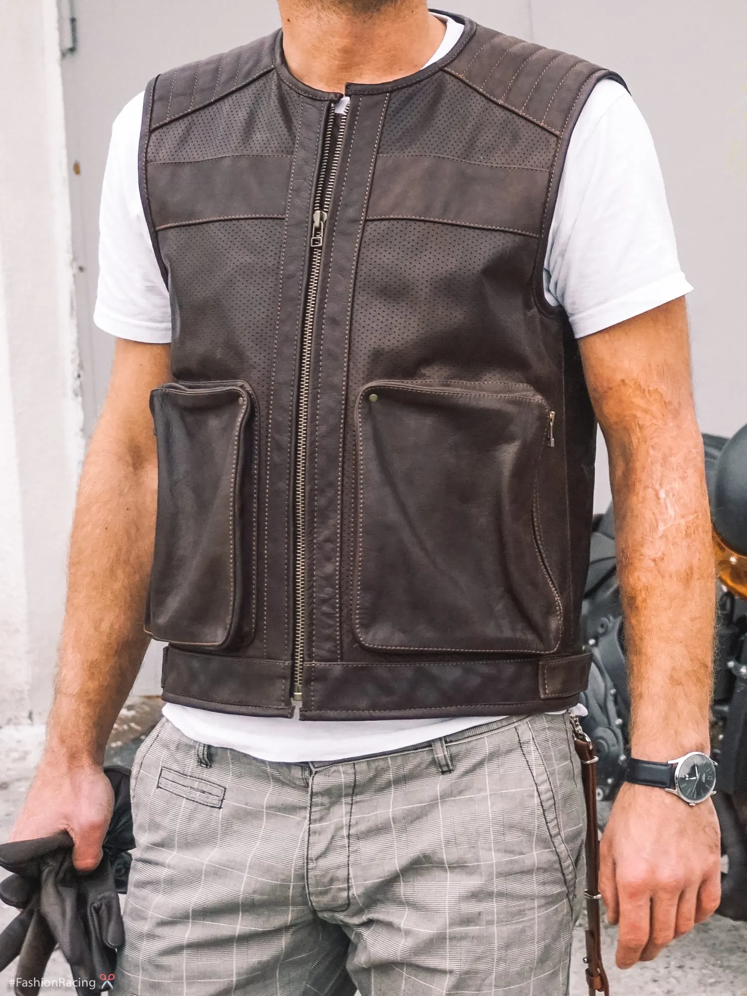 Motorcycle Rider Vest | Perforated Brown Leather | Handmade