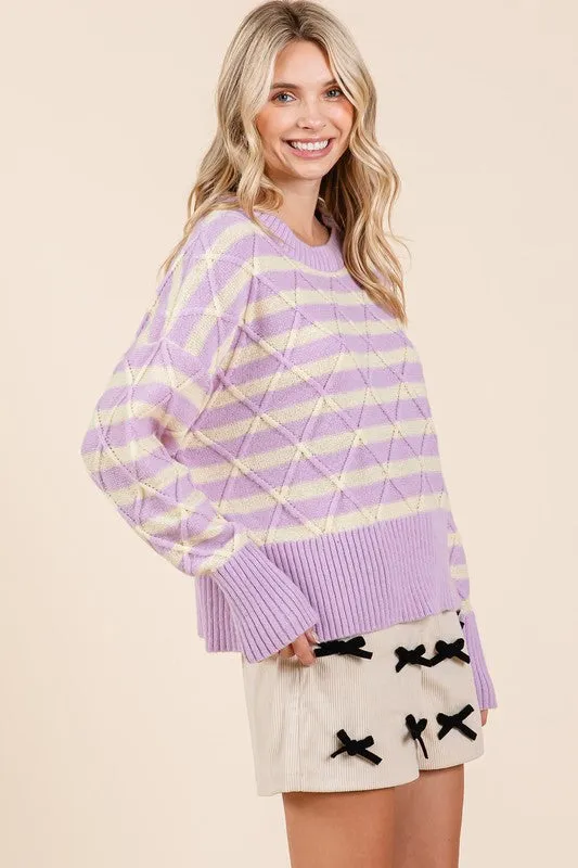 Plus Size Loose Fit Striped Argyle Knit Sweater