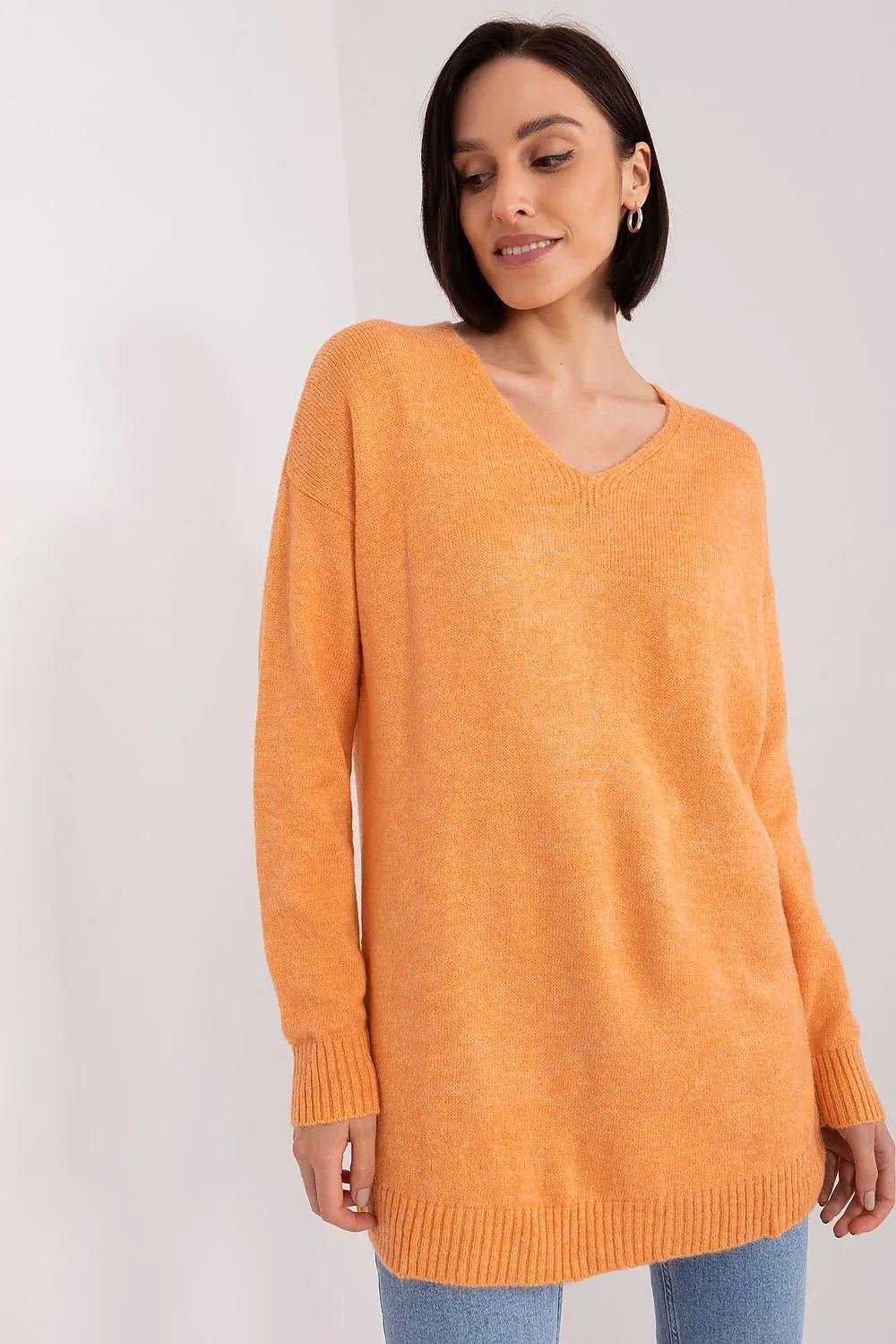 RUE PARIS Casual Women's Orange European V-Neck Sweater-model 189308