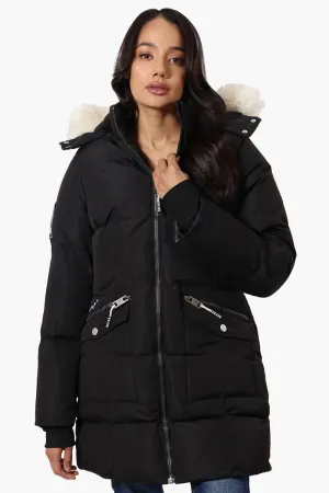 Super Triple Goose Faux Fur Thumb Hole Parka Jacket - Black