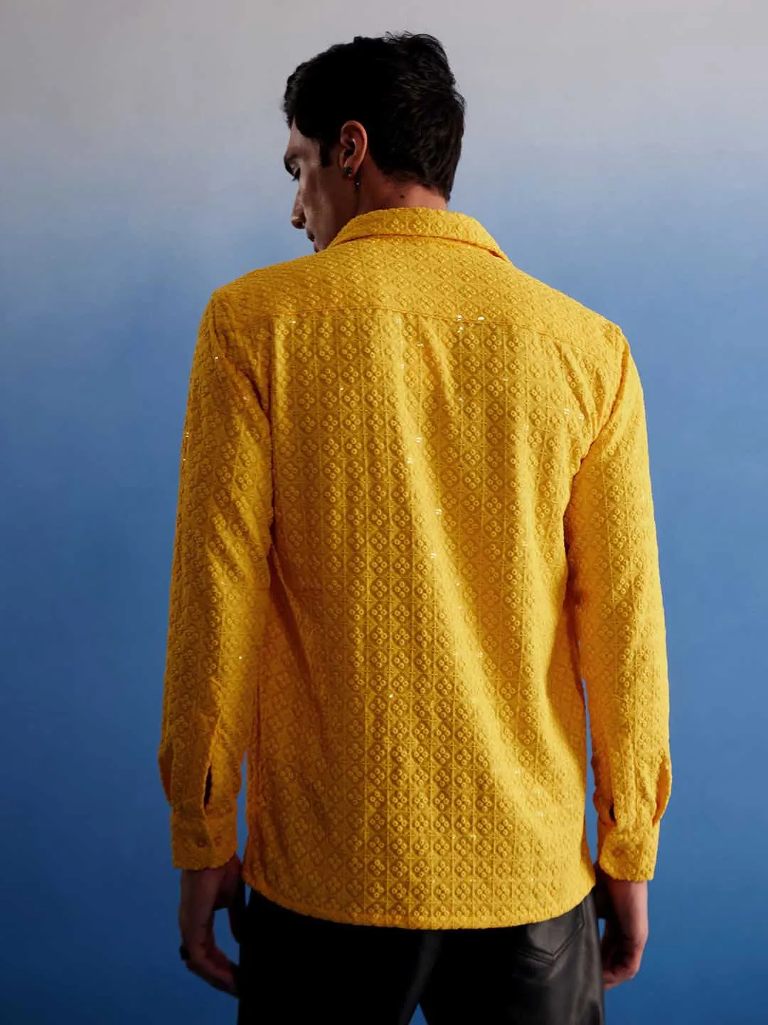 VASTRAMAY Men's Yellow Embellished Rayon Shirt