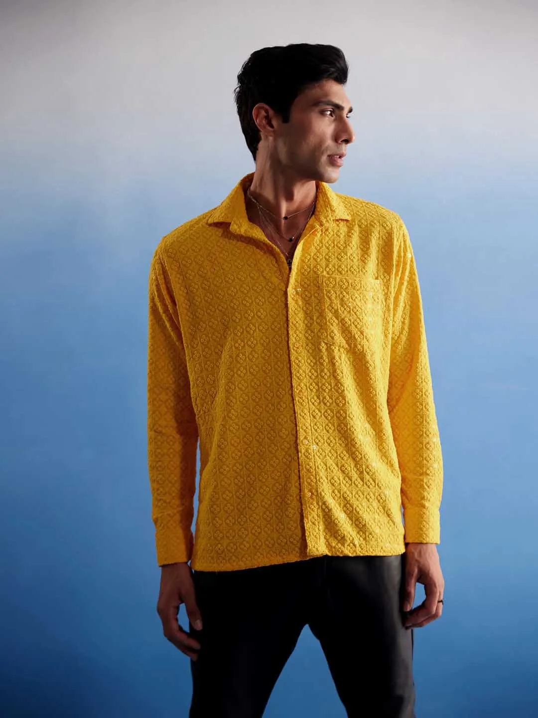 VASTRAMAY Men's Yellow Embellished Rayon Shirt