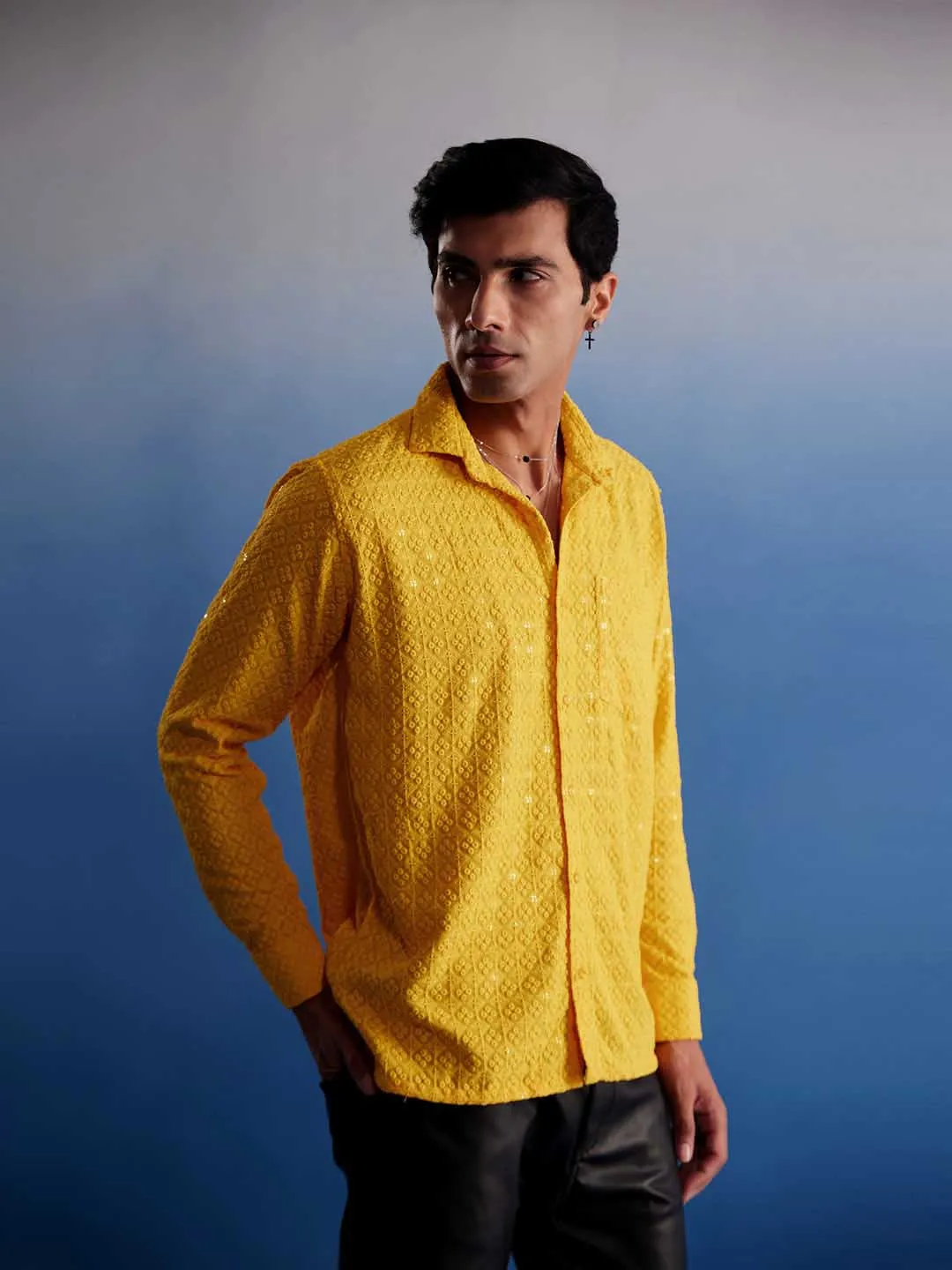 VASTRAMAY Men's Yellow Embellished Rayon Shirt