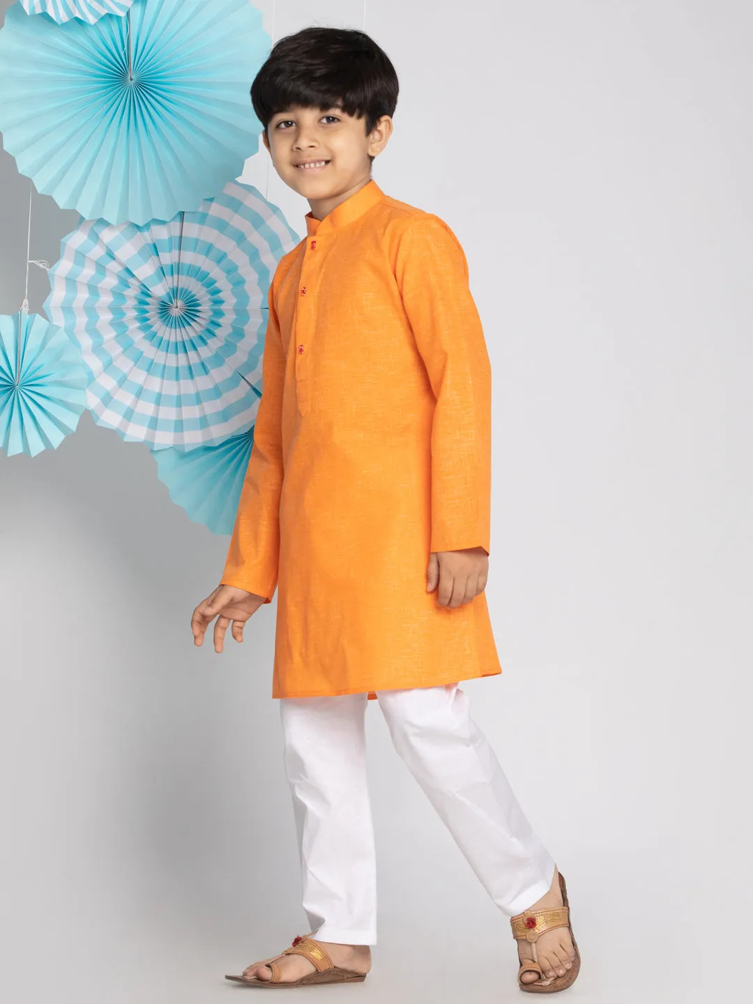 Vastramay Orange And White Baap Beta Kurta And Pyjama Set