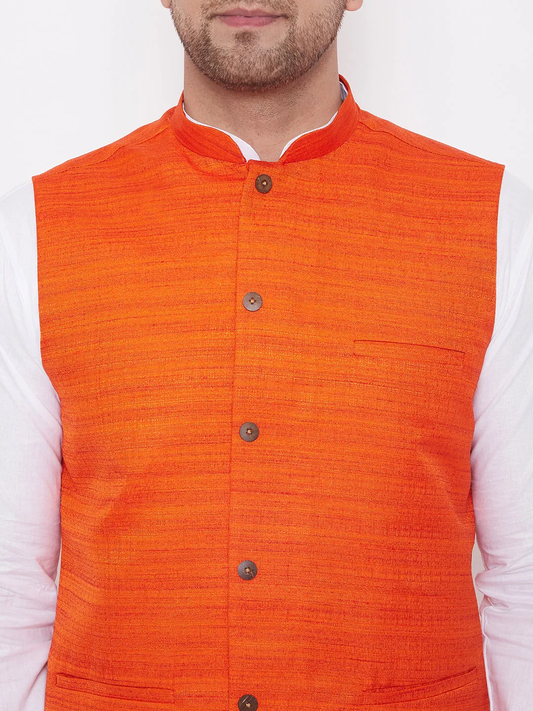 VASTRAMAY Orange Cotton Silk Nehru Jacket & White Dhoti Kurta Baap Beta Set