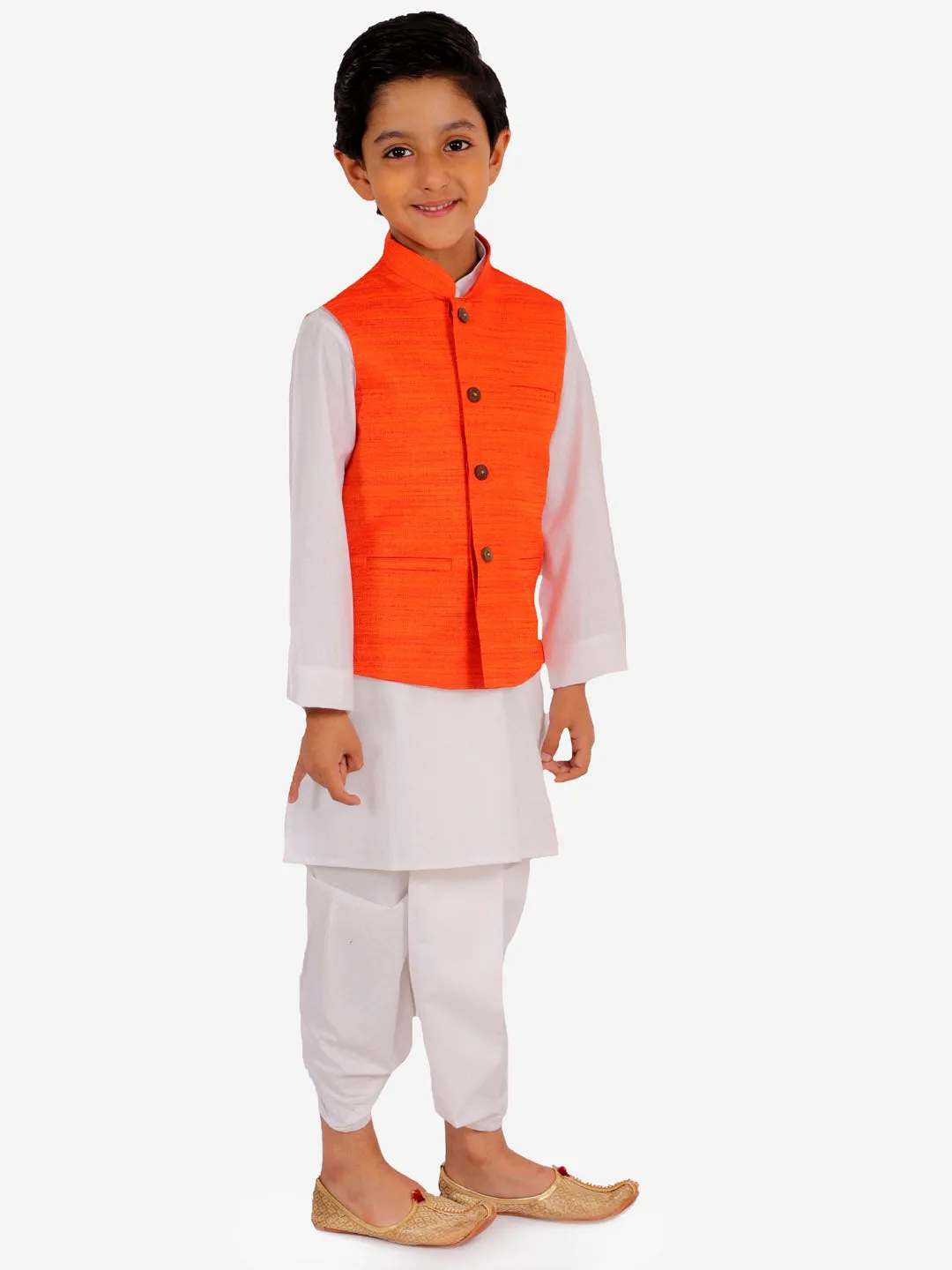 VASTRAMAY Orange Cotton Silk Nehru Jacket & White Dhoti Kurta Baap Beta Set