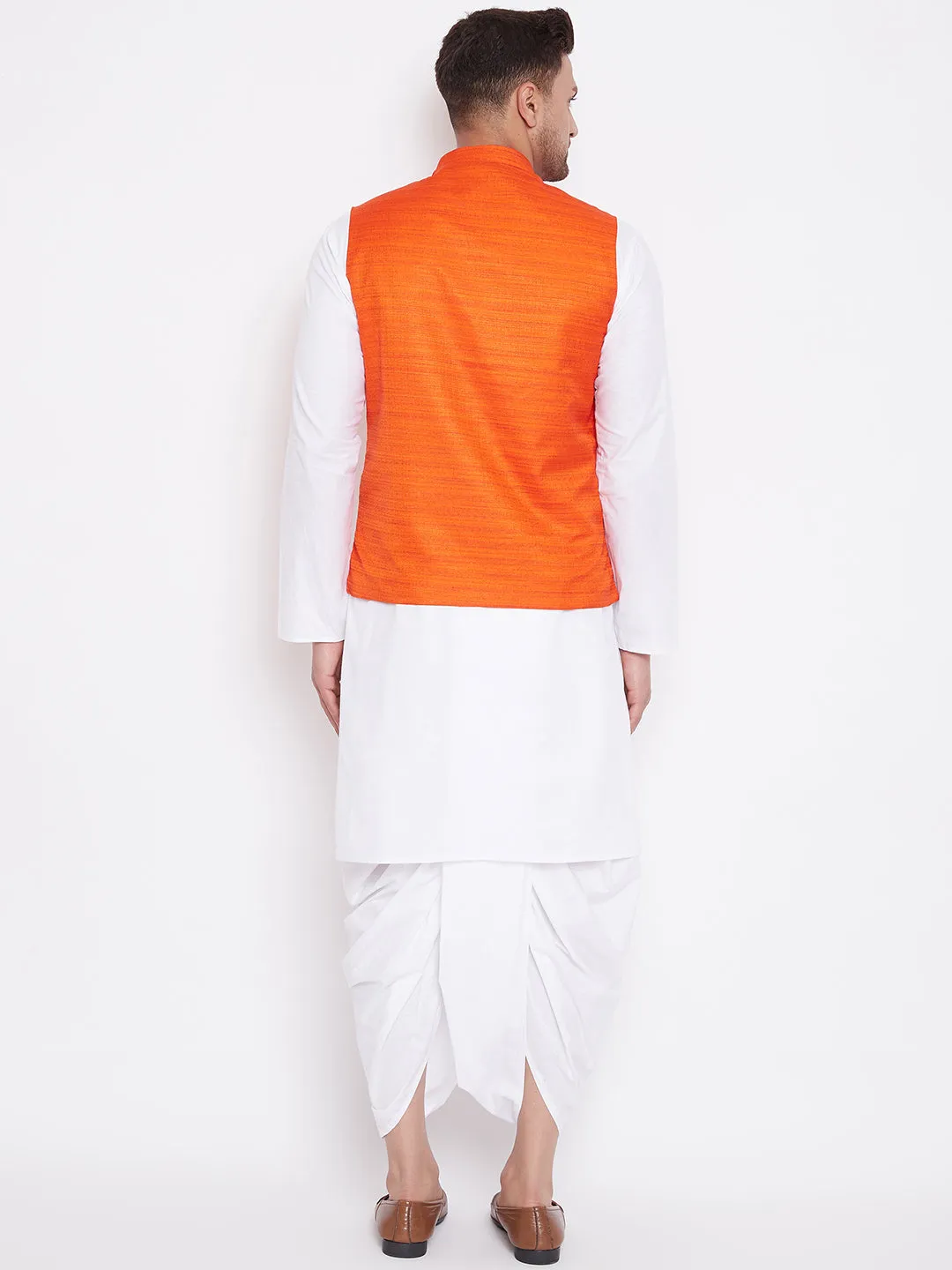 VASTRAMAY Orange Cotton Silk Nehru Jacket & White Dhoti Kurta Baap Beta Set