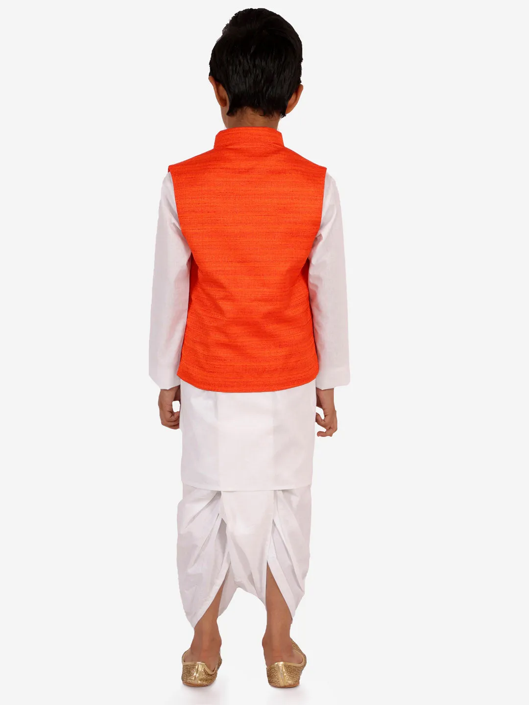 VASTRAMAY Orange Cotton Silk Nehru Jacket & White Dhoti Kurta Baap Beta Set