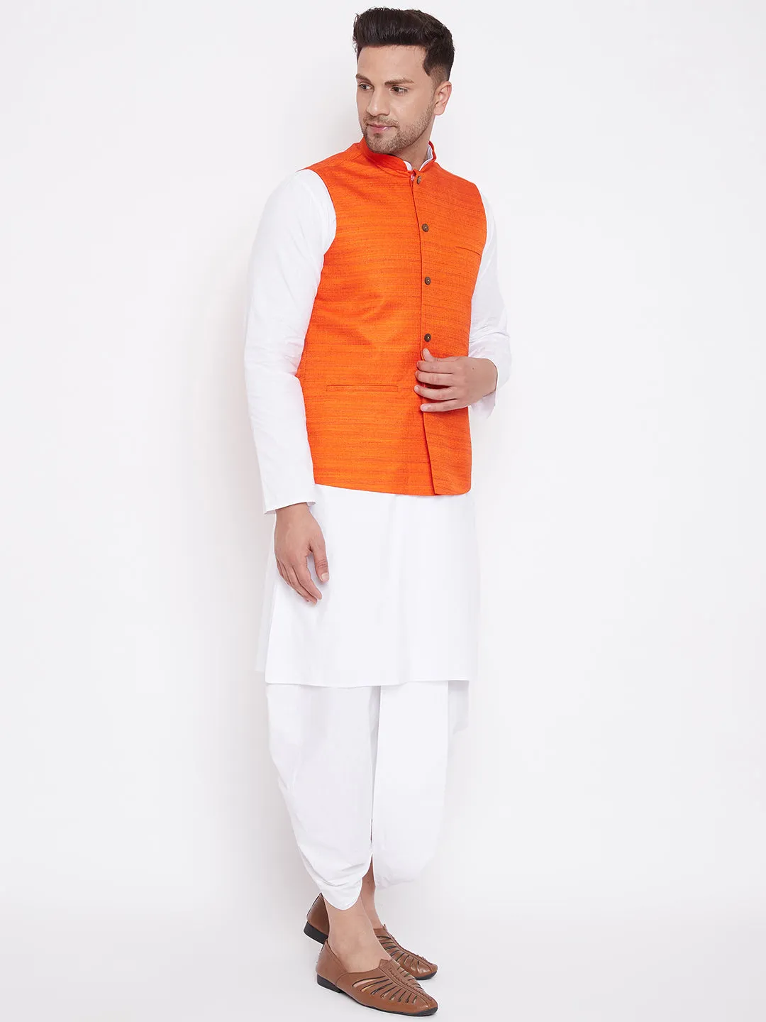 VASTRAMAY Orange Cotton Silk Nehru Jacket & White Dhoti Kurta Baap Beta Set