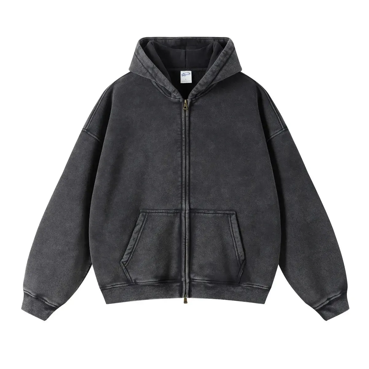 Washed Essential Casual Fleece Zip Hoodie