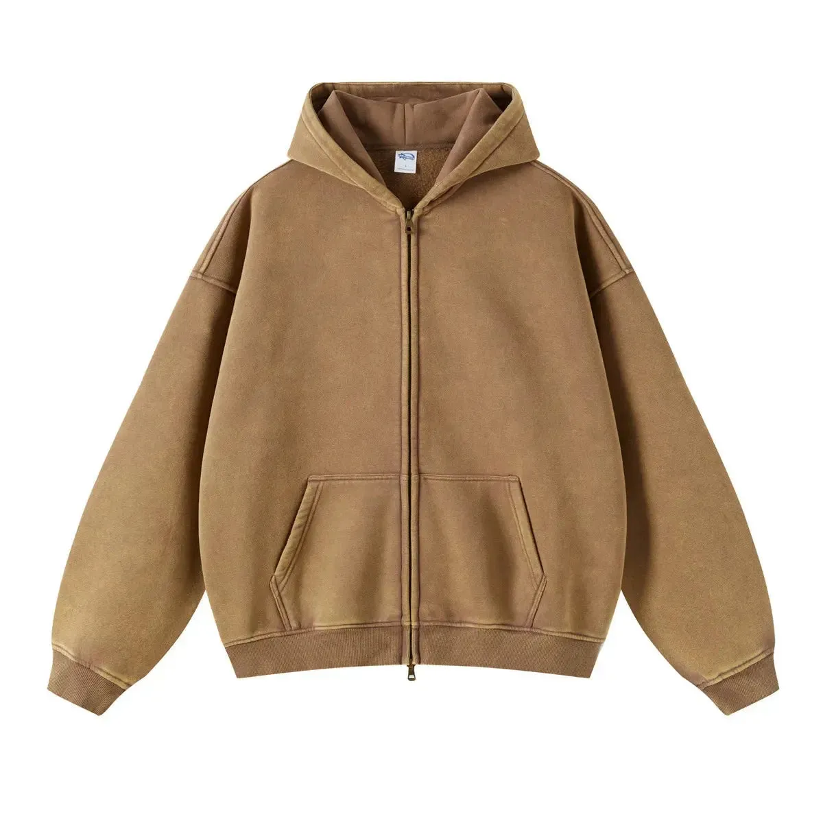 Washed Essential Casual Fleece Zip Hoodie