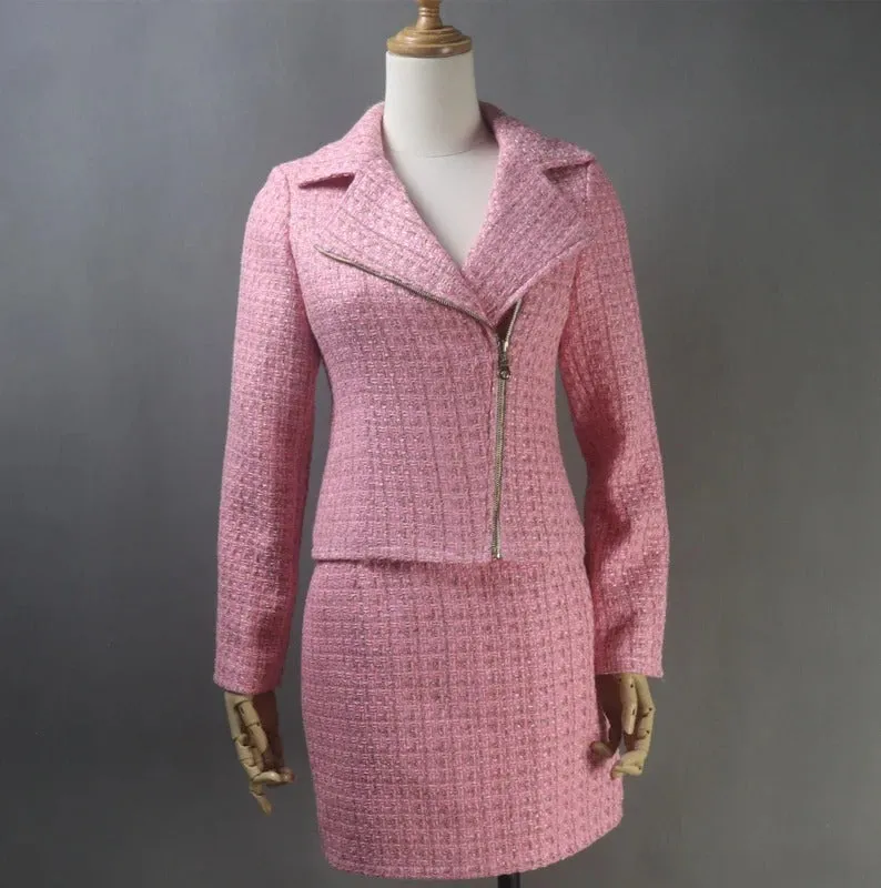 Women's Custom Made Biker Style Tweed Jacket   Skirt / Shorts Suit 6 Colour