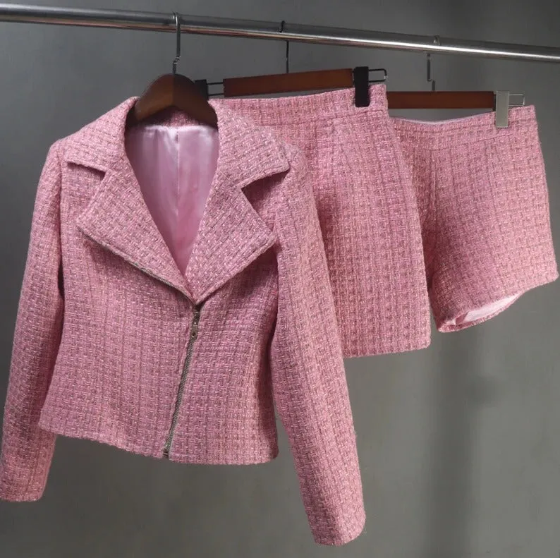 Women's Custom Made Biker Style Tweed Jacket   Skirt / Shorts Suit 6 Colour