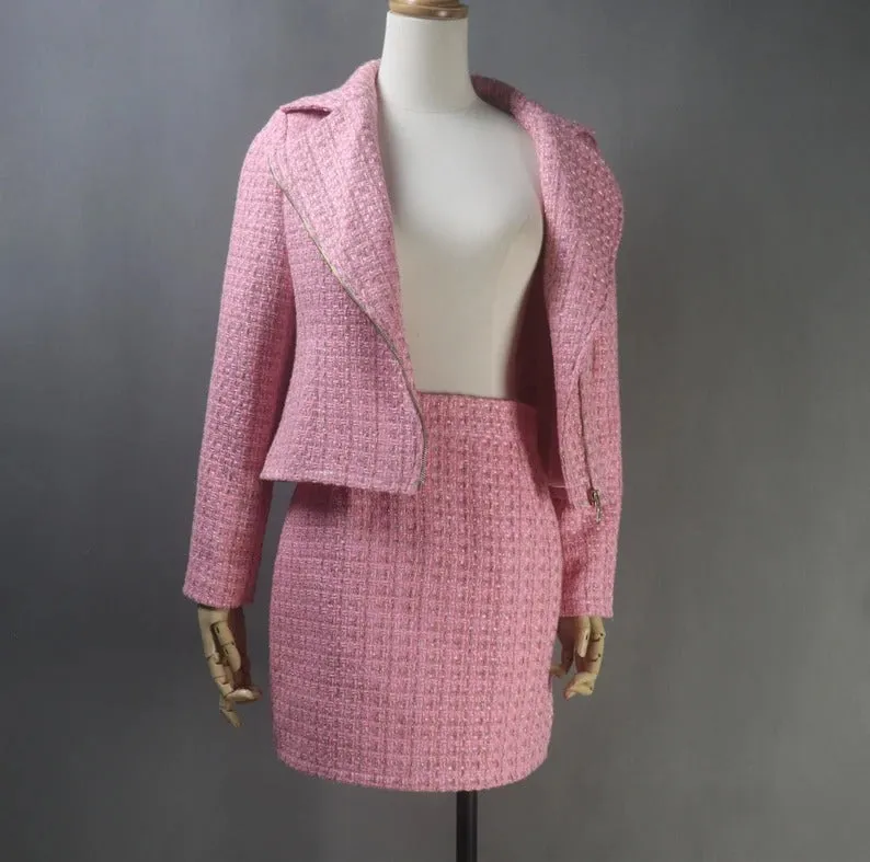 Women's Custom Made Biker Style Tweed Jacket   Skirt / Shorts Suit 6 Colour