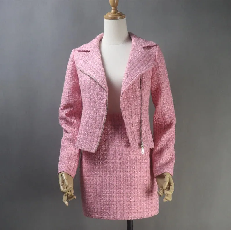 Women's Custom Made Biker Style Tweed Jacket   Skirt / Shorts Suit 6 Colour