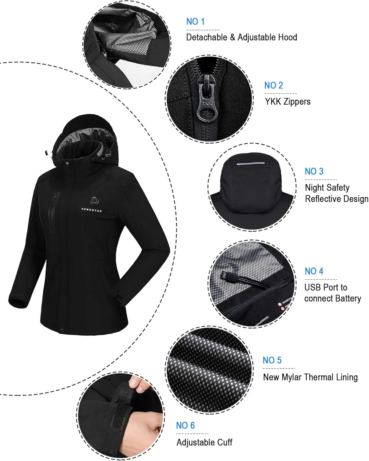 Women'S Heated Jacket with Battery Pack 5V, Heated Coat with Detachable Hood Windproof